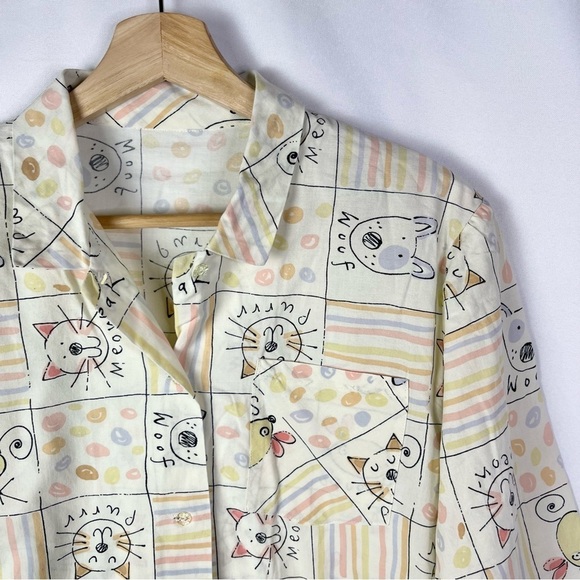 Vintage Mixed Cat Meow Print Long Sleeve Button Down S - Picture 3 of 3